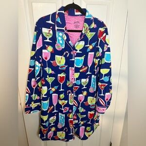 Nick & Nora Flannel Sleepshirt | Royal Blue Holiday Cocktail Print | Women’s M